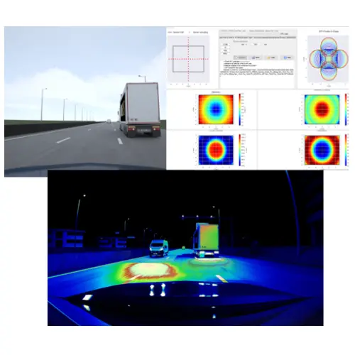 Ansys Speos の解析例。道路シーンとセンサ解析の評価画面、および夜間のヘッドランプ配光を輝度分布として重ねた視界を示しています