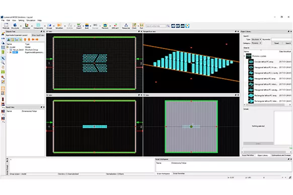 The Lumerical MODE analysis screen, showing the layout of a waveguide structure with several views covering cross-sectional modes through to propagation in the same environment