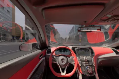 ansys-speos-product Speos による車室内の光学シミュレーション例。赤い内装の輝度分布とヘッドアップディスプレイの表示を運転席視点で示しています