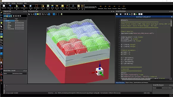 The Lumerical FDTD analysis screen, with the microlens structure of a CMOS image sensor shown in the layout view beside the script editor