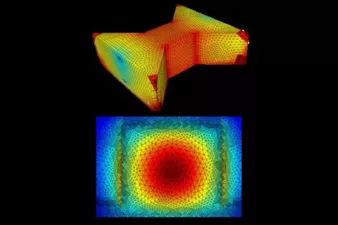 Lumerical Multiphysics analysis example, showing a three-dimensional structure on a finite-element mesh with the mode profile of its cross-section