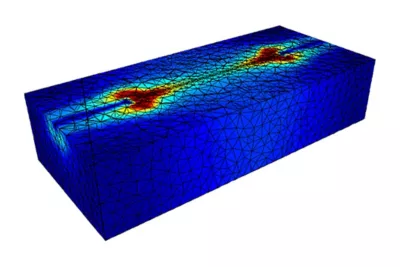 photonics-charge-heat-tr Example electrical and thermal analysis results, showing regions of high carrier density and high temperature distributed over a three-dimensional mesh
