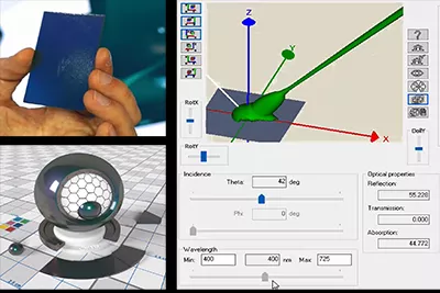 speos-product-page-capabilities-spectral-brdf 実測した分光BRDFデータを Speos で扱う例。試料の測定値から反射・透過・吸収の各成分を波長ごとに設定する画面を示しています