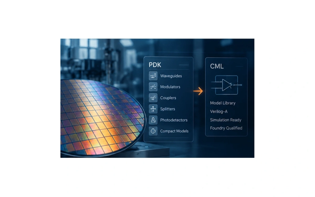 LightBridge_CML_Foundry_PDK The flow for generating a compact model library from a foundry PDK, showing PDK elements such as waveguides, modulators, couplers, splitters and photodetectors collected into a Verilog-A model library for circuit simulation