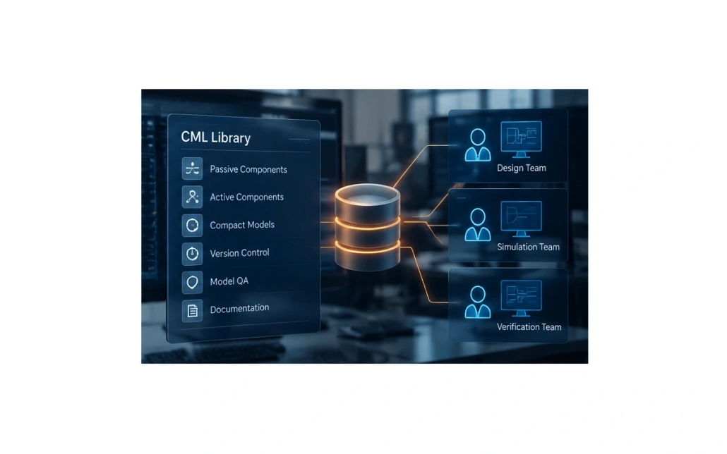 LightBridge_CML_Shared_Model_Library The make-up of a compact model library shared internally, showing passive and active element models, version control, model QA and documentation collected into one library that the design, simulation and verification teams all reference