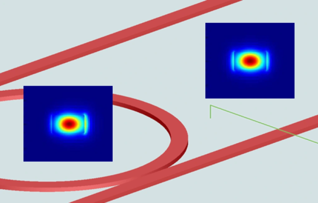 Waveguide FDE mode profiles Waveguide analysis with the FDE solver in Lumerical MODE, showing the waveguide layout and two mode field distributions computed on the cross-section