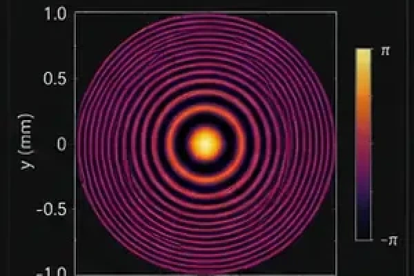Target phase distribution (wrapped phase) produced by Photonica for a metalens, showing concentric phase rings with a color bar from -π to π